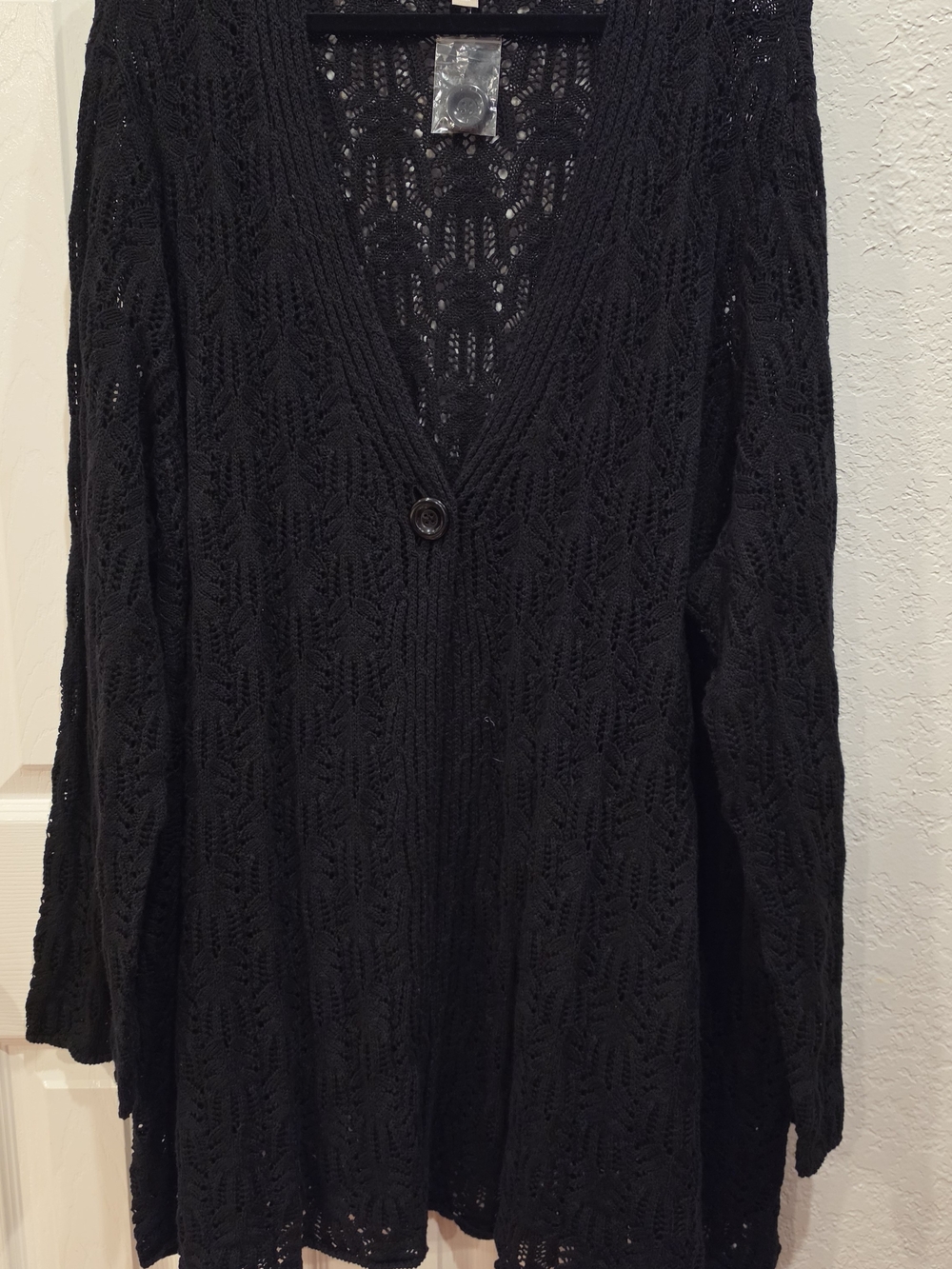 Woman Within Black Openwork V-Neck Cardigan with Single Button